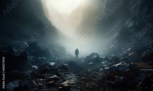 glowing crystalline cave, extreme misty atmosphere, silhouette of a man walking toward the abyss. generative AI