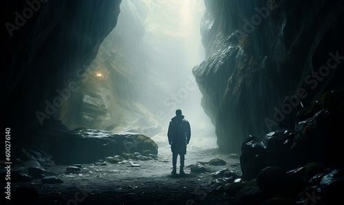 glowing crystalline cave, extreme misty atmosphere, silhouette of a man walking toward the abyss. generative AI