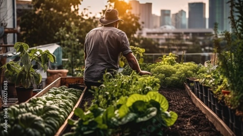 person working on an urban rooftop garden or farm generative ai