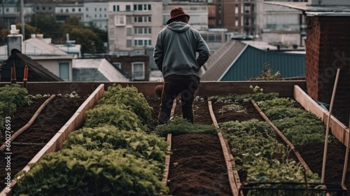 person working on an urban rooftop garden or farm generative ai