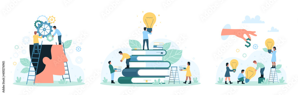 Creative ideas set vector illustration. Cartoon tiny people work with gears in brain of open human head, hand giving money to man and woman holding light bulbs, innovation and knowledge from books