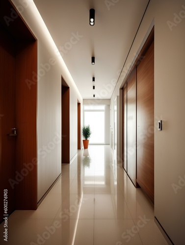 Minimalist hallway with clean lines and no clutter. generative AI