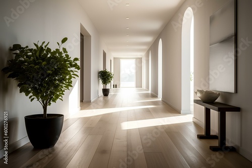Minimalist hallway with clean lines and no clutter. generative AI