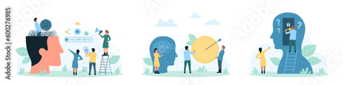 Mental health set vector illustration. Cartoon tiny people hold key to door inside human head for psychology recovery therapy, unravel tangled mind problems, help and search creative solutions