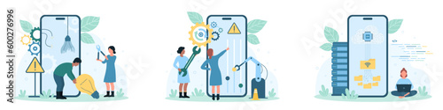 Repair service for mobile phone set vector illustration. Cartoon tiny technical workers fix smartphone with technic equipment and tools for recovery, people technicians work, change broken light bulb