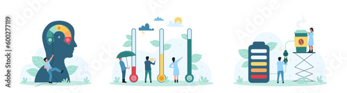 Stress reduction set vector illustration. Cartoon tiny people reduce stress and fatigue  connect battery to cup of coffee  measure and control problem level with arrow on scales and thermometers