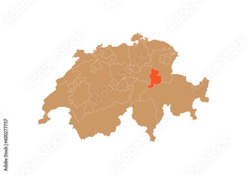 Map of Glarus on Switzerland map. Map of Glarus highlighting the boundaries of the canton of Glarus on the map of Switzerland
