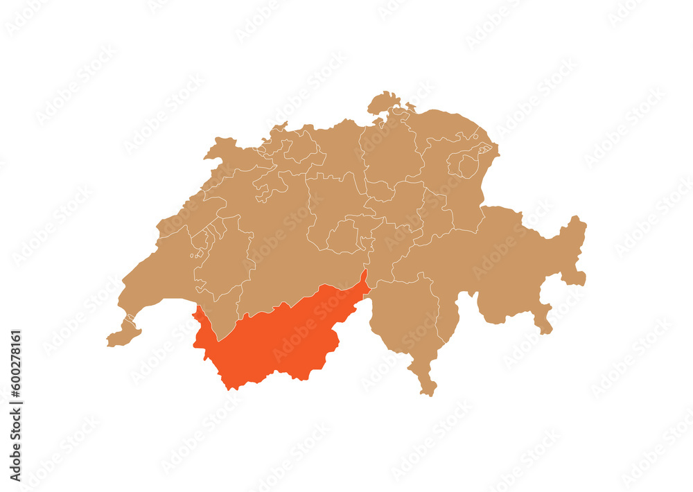 Map of Valais on Switzerland map. Map of Valais highlighting the boundaries of the canton of Valais on the map of Switzerland
