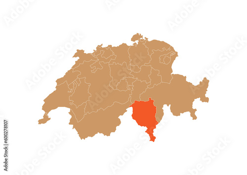 Map of Ticino on Switzerland map. Map of Ticino highlighting the boundaries of the canton of Ticino on the map of Switzerland 