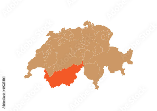 Map of Valais on Switzerland map. Map of Valais highlighting the boundaries of the canton of Valais on the map of Switzerland 