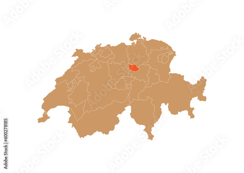 Map of Zug on Switzerland map. Map of Zug highlighting the boundaries of the canton of Zug on the map of the Switzerland
