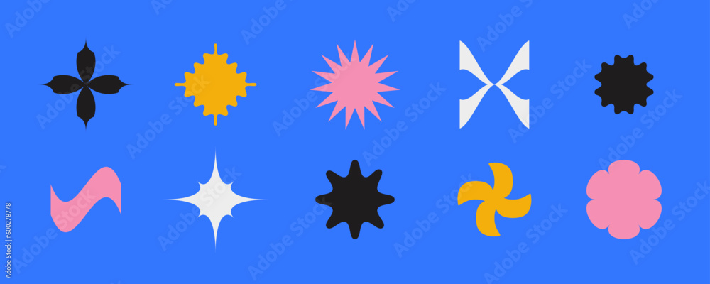 Geometric primitive shapes collection. Abstract stars, flowers, waves forms set in Swiss or bauhaus style. Memphis elements pack for poster, banner, collage. Vector signs set. Geometric primitive shapes collection. Abstract stars, flowers, waves forms set in Swiss or bauhaus style. Memphis elements pack for poster, banner, collage. Vector signs set.