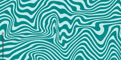 Retro trippy turquoise background. Wavy vintage psychedelic wallpaper. Groovy pattern, cover, poster in 60s or 70s style. Liquid hippie texture. Vector