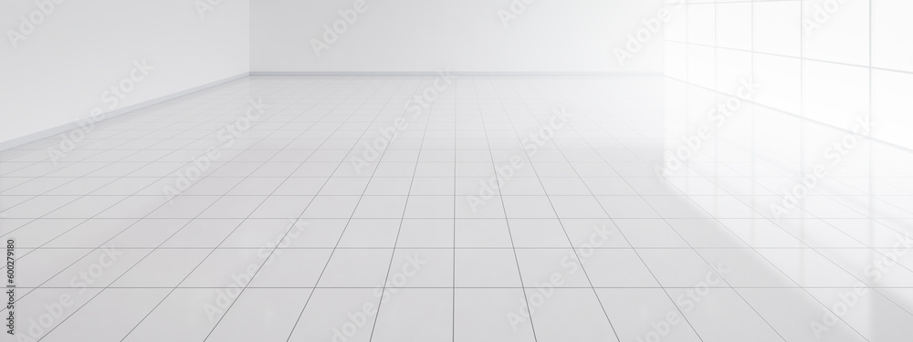 3d rendering of white tile floor with grid line of square texture pattern in perspective. Clean shiny surface. Interior home design for bathroom, kitchen and laundry room. Empty space for background. 3d rendering of white tile floor with grid line of square texture pattern in perspective. Clean shiny surface. Interior home design for bathroom, kitchen and laundry room. Empty space for background.