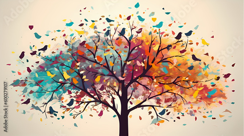 Abstract wallpaper for interior mural wall art décor. Colorful autumn tree with birds.