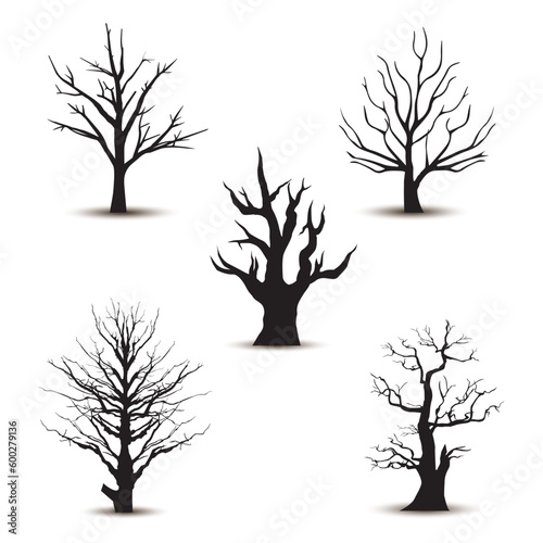 Collection of dry tree branches silhouette. Drawing set scetch illustration of wood plant in forest vector art 