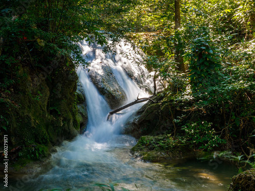 Landscape view of Erawan waterfall Kanchanaburi Thailand. Erawan National Park is home to one of most popular falls in Thailand