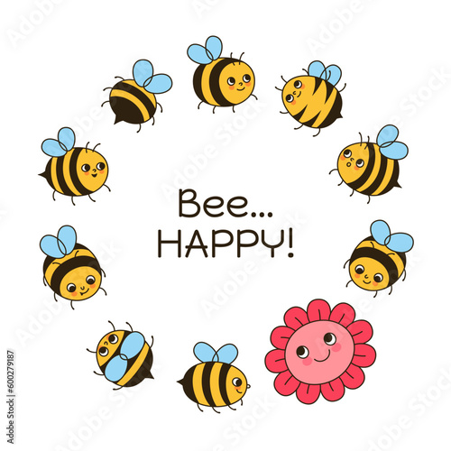 Bee honey characters and flower retro cartoon illustration. Comics kids honeybee insect characters with funny face artwork. Cute child hand drawn summer comic smiley striped bees doodle vector card
