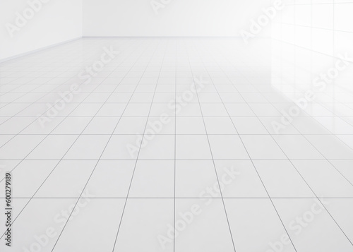 3d rendering of white tile floor with grid line of square texture pattern in perspective. Clean shiny surface. Interior home design for bathroom  kitchen and laundry room. Empty space for background.