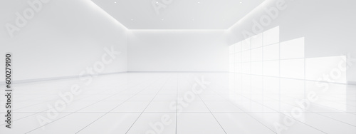 3d rendering of empty space in room consist of white tile floor in perspective, window, ceiling strip light. Interior home design look clean, bright, shiny surface with texture pattern for background.