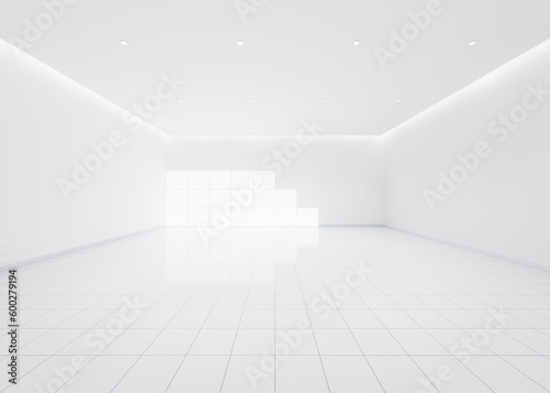 3d rendering of empty space in room consist of white tile floor in perspective  window  ceiling strip light. Interior home design look clean  bright  shiny surface with texture pattern for background.