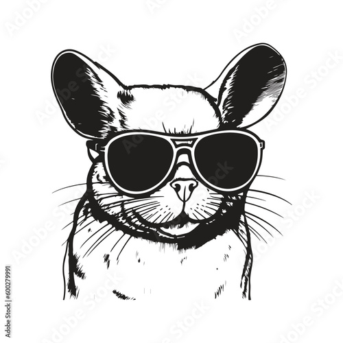 chinchilla wearing sunglasses, vintage logo line art concept black and white color, hand drawn illustration