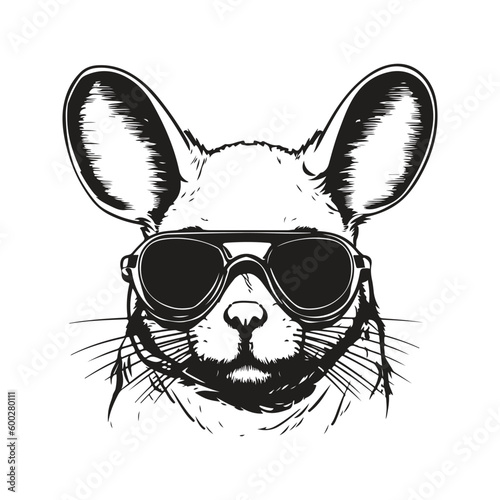 chinchilla wearing sunglasses, vintage logo line art concept black and white color, hand drawn illustration