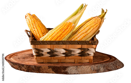 Fresh yellow corn in basket over rustic wood and transparent background png