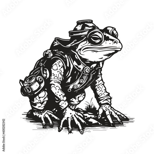 toad scavenger, vintage logo line art concept black and white color, hand drawn illustration