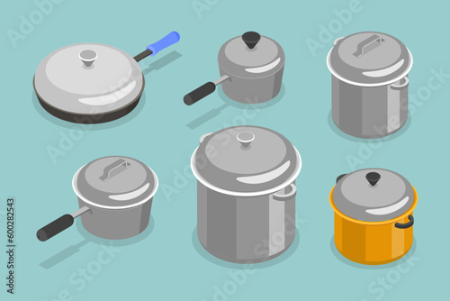 3D Isometric Flat Vector Set of Kitchenware, Pans, Pots and Saucepans