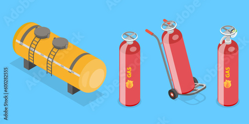 3D Isometric Flat Vector Set of Fuel Metal Reservoirs, Oxygen Equipment