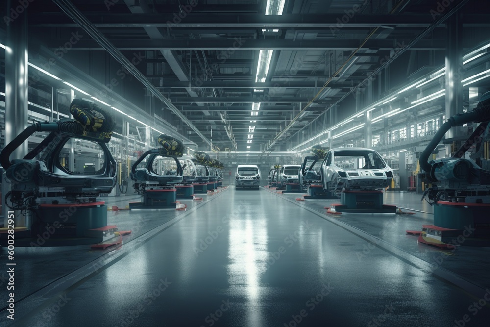 Automated Robot Arm Assembly Line Producing High Tech Electric Vehicles created with Generative AI Automated Robot Arm Assembly Line Producing High Tech Electric Vehicles created with Generative AI