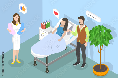 3D Isometric Flat Vector Conceptual Illustration of Newborn Twins, Happy Parents