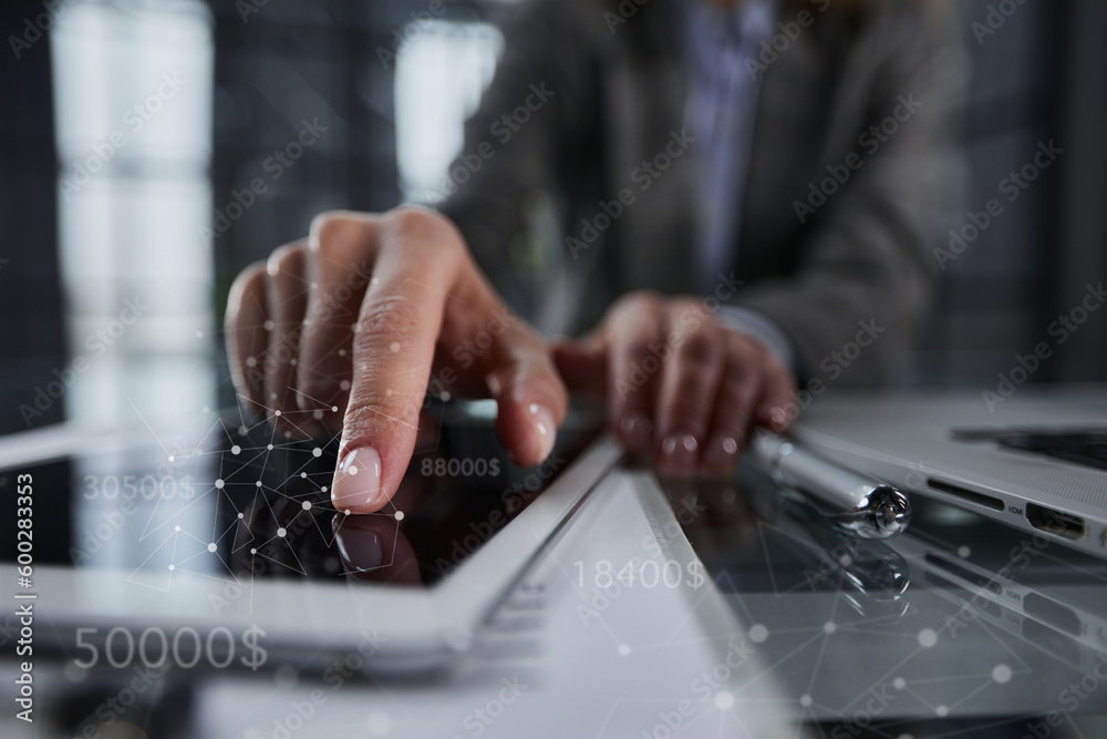 close up. businessman pressing his finger on the screen of the digital tablet