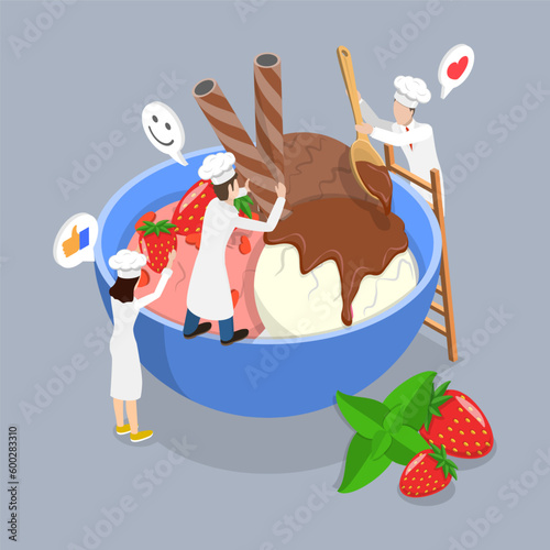 3D Isometric Flat Vector Conceptual Illustration of Ice Cream, Production and Selling © TarikVision