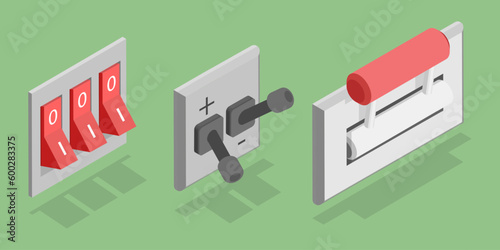 3D Isometric Flat Vector Set of Electric Breakers, Switchboard Panel