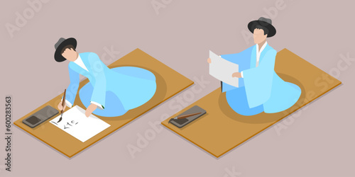 3D Isometric Flat Vector Conceptual Illustration of Korean Traditions, Writing Characters