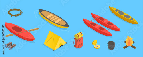 3D Isometric Flat Vector Set of Kayaking, Extreme Outdoor Activities © TarikVision