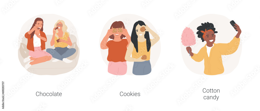 Teen favorite sweets isolated cartoon vector illustration set. Girls sitting on sofa and eating chocolate, teens making funny faces with cookies, making selfie with cotton candy vector cartoon. Teen favorite sweets isolated cartoon vector illustration set. Girls sitting on sofa and eating chocolate, teens making funny faces with cookies, making selfie with cotton candy vector cartoon.