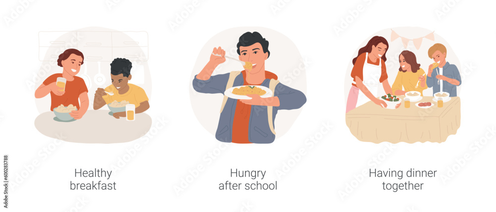 Teenager eating at home isolated cartoon vector illustration set. Healthy breakfast, eating cereals and drinking orange juice, teenager hungry after school, having dinner together vector cartoon.