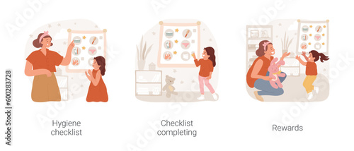 Encourage good habits isolated cartoon vector illustration set. Personal hygiene checklist for child, groomed and dressed kid making complete marks, mom gives rewards, good behavior vector cartoon.