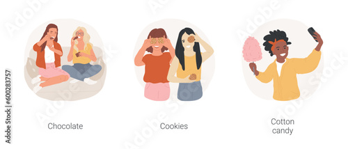 Teen favorite sweets isolated cartoon vector illustration set. Girls sitting on sofa and eating chocolate, teens making funny faces with cookies, making selfie with cotton candy vector cartoon.