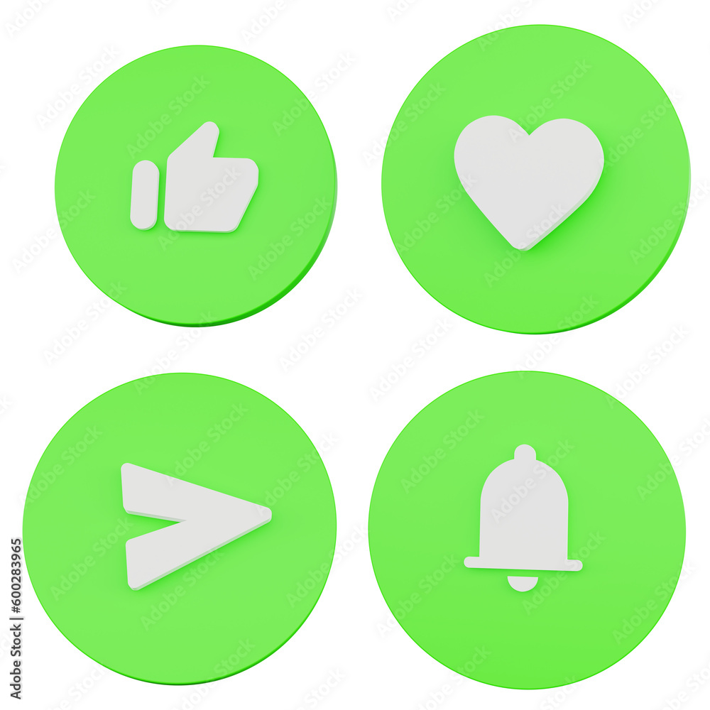 3d icon set like, love, notification and send white color with circle green illustration rendering 3d icon set like, love, notification and send white color with circle green illustration rendering