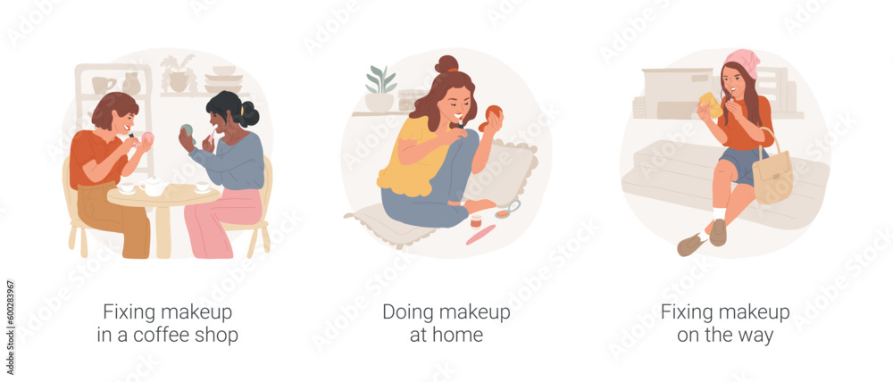Fixing makeup isolated cartoon vector illustration set. Teenage girls put on makeup in coffee shop, applying cosmetics, looking in mirror, painting lips on the way, stylish teen vector cartoon.