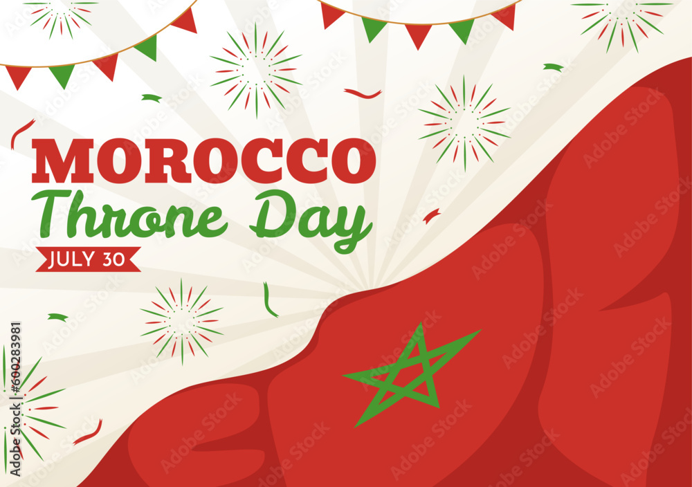 Obraz premium Happy Morocco Throne Day Vector Illustration with Waving Flag in Celebration National Holiday on July 30 Cartoon Hand Drawn Landing Page Templates