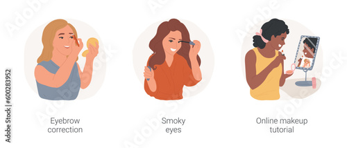 Doing makeup isolated cartoon vector illustration set. Eyebrow correction, teen girl drawing perfect shape, making smoky eyes, applying mascara, watch online makeup tutorial vector cartoon.