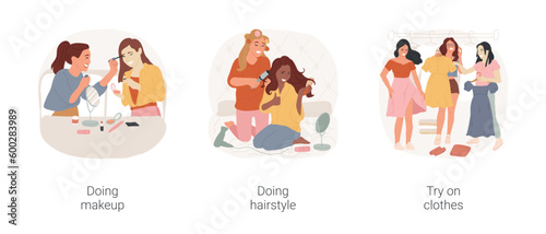 Get ready for a party isolated cartoon vector illustration set. Girls doing makeup together, making hairstyle, teens in front of the mirror, choosing party clothes, bright outfit vector cartoon.