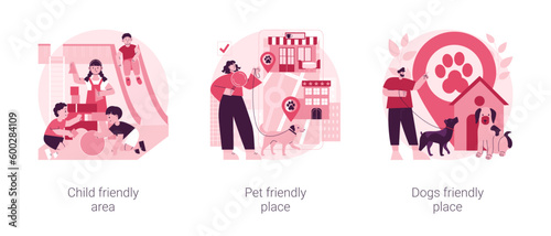 Inclusive public places abstract concept vector illustration set. Child area, pet friendly place, dog friendly restaurant, shopping center playground, welcome sign, free walking abstract metaphor.
