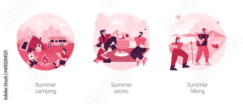 Summer adventure abstract concept vector illustration set. Summer camping, picnic and hiking, national park, scout program, survival skills, leisure time, family eating outdoors abstract metaphor.