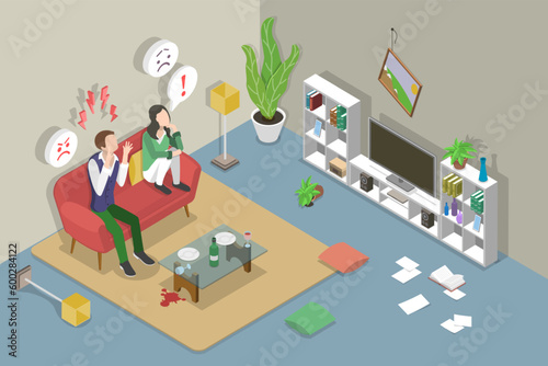 3D Isometric Flat Vector Conceptual Illustration of Quarreling Couple, Domestic Conflict